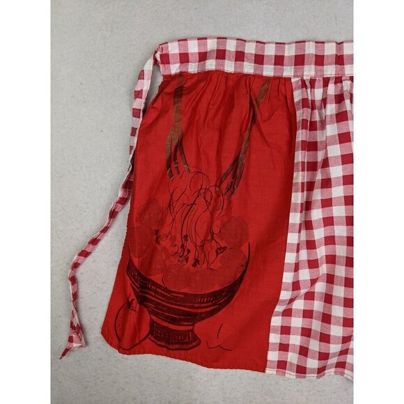 VINTAGE WOMEN'S RED PLAID HALF APRON - FRUIT BOWL - POCKETS - Picture 6 of 16